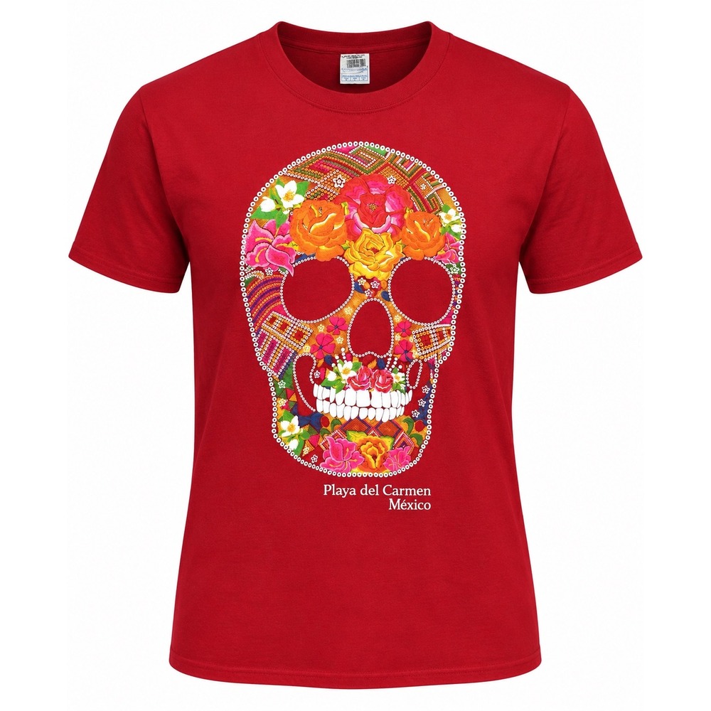 Playa del Carmen Mexico Sugar Skull T-Shirt Large Red Floral Day of the Dead